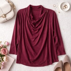 Faded Glory Draped Cowl Neck Long Sleeve Top – Burgundy – Women’s L (12–14)